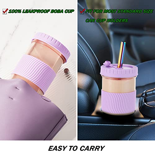 Amyoole 2 Pack Reusable Boba Cup,24Oz Wide Mouth Smoothie Cup,mason Jar Glass Cups with Lids and Straws,Bubble/Boba Tea Cups,Ice Coffee Tumbler 2 colored straws 1 sponge brush(Purple) - color: Purple