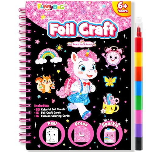 FUNNYB&G Foil Art Craft Kit for Girls 4-10 Years Old: Mess-Free & No-Glue, Create 16 Back to School Pictures – Perfect Travel Toy & Birthday Gift for Kids (Back to School) - style: Back to School
