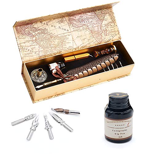 Antique Quill Pen Unique Half-Patterned Feather Pen Set with 6 Nibs 1 Bottle of Ink 1 Seal Stamp 1 Pen Holder 1 Sealing Wax LL-149