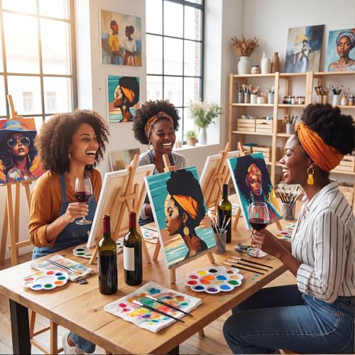 Cholemy 36 Pcs Paint and Sip Kit for Adults 8''x10'' Pre Drawn Canvas for Painting DIY Afro Acrylic Painting Kit Wood Easel Brushes Date Night Bulk for Summer 4th of July Party Gift(African Women) - style: African Women