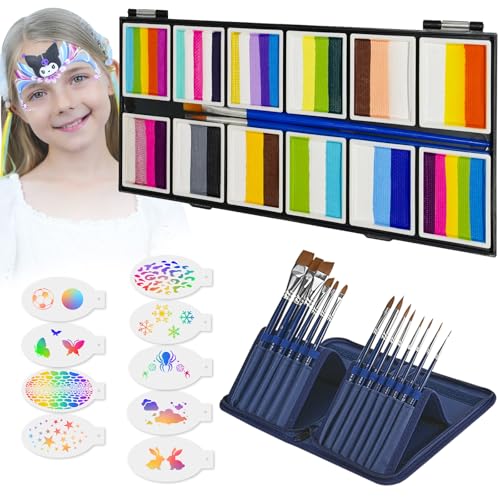 Anka Bella Professional Face Painting Kit for Kids and Adults with tutorial | Water activated face paint,Rainbow cake with Stencil and brush - color: Animal Design Rainbow Cake