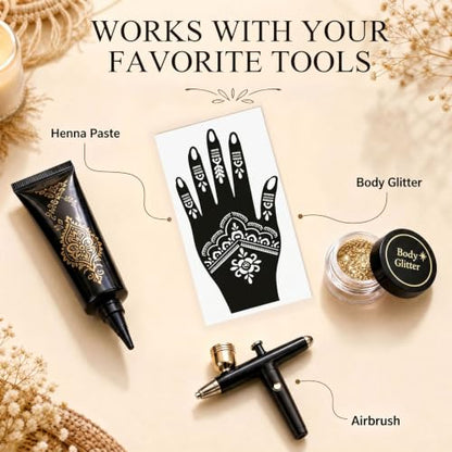 Koogel 18 Sheets Henna Tattoo Stencils, Temporary Flower Patterns Glitter Airbrush Tattoo Kits Arabian Stickers for Women and Girls Face Hand Paint Body Art - color: Black2