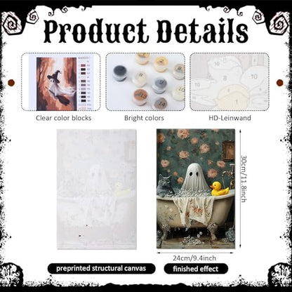 YooNotee 6 Pack Ghost Paint by Numbers Kit on Canvas with Wooden Easels & Brushes, 12x8 Inch Halloween Canvas for Adults Art Set Easy Acrylic Ghost Paint Kit Beginners for Halloween Home Decor - style: Ghost
