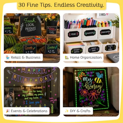 Extra Fine Tip Liquid Chalk Markers for Blackboard (30 Pack 1mm) Pastel + Neon Chalk Pens - Erasable Dry Erase Marker for Chalkboard, Blackboards, Window, Bistro, Car - Fine Tip Chalkboard Markers - style: Extra Fine Tip - 1mm