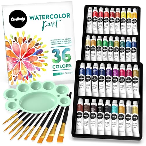 Chalkola Watercolor Paint Set for Adults & Professional Artists - 36 Watercolor Tubes Set (12ml, 0.4oz), 10 Painting Brushes & 1 Palette | Vibrant Water Color Art Painting Supplies - style: Watercolor Paint Set
