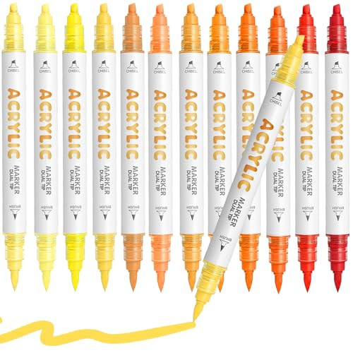 Yellow Orange Acrylic Paint Pens, Water Based 12 Colors Dual Tip Acrylic Paint Markers for Rock Painting Wood, Glass, Ceramic, Canvas, Fabric, Stone, DIY Crafts Making Art Supplies - color: Yellow Orange Series