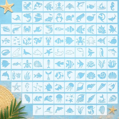 Fainne 100 Pcs Small Stencils for Crafts, 1.5 Inch Reusable Painting Stencils Painting Crafts Templates for Wood, Wall, Home Decor, Canvas, Fabric (Marine Life) - style: Marine Life