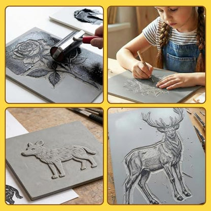 Oopsu 6 Pcs Linoleum Blocks for Printmaking, 8 x 10 Inch Rubber Carving | Soft TPR sheets, 0.12 inch thick; easy to carve for crisp prints, stamp making, card making, DIY crafts and art projects.