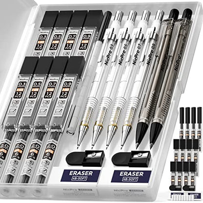 Nicpro 6PCS Art Mechanical Pencil Set, 4PCS Drafting Pencils 0.3 & 0.5 & 0.7 & 0.9 mm & 2PCS 2mm Lead Holder (4B 2B HB 2H) For Writing, Sketching Drawing With 12 Tube Lead Refills Erasers Case - style: 0.3 0.5 0.7 0.9 2.0