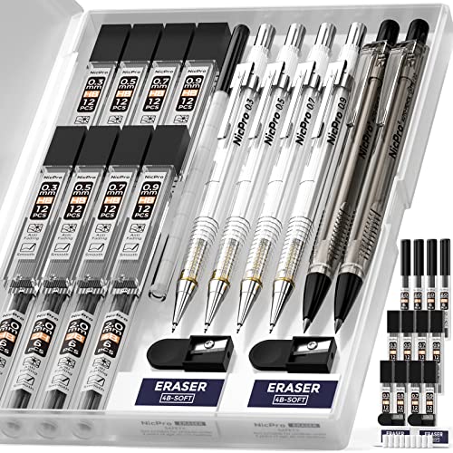 Nicpro 6PCS Art Mechanical Pencil Set, 4PCS Drafting Pencils 0.3 & 0.5 & 0.7 & 0.9 mm & 2PCS 2mm Lead Holder (4B 2B HB 2H) For Writing, Sketching Drawing With 12 Tube Lead Refills Erasers Case - style: 0.3 0.5 0.7 0.9 2.0