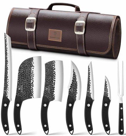 8 PCS Butcher Knife Set, Japanese Kitchen Knife Set, Hand Forged Chef Knife Set with Leather Roll Bag, Sharp Meat Cleaver Knife for Kitchen & Hunting & Camping & BBQ, Best Gift for Men