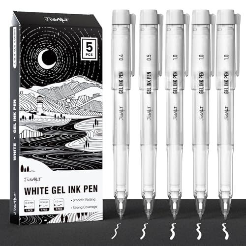 JusArt White Gel Pens with 0.4mm, 0.5mm & 1.0mm Assorted Tips, Opaque White Ink Pens for Black Paper, Drawing, Journaling & DIY Crafts, Ideal Drawing Pens for Artists & Art Supplies, 5 Pack - color: White, size: 1 Count (Pack of 5)