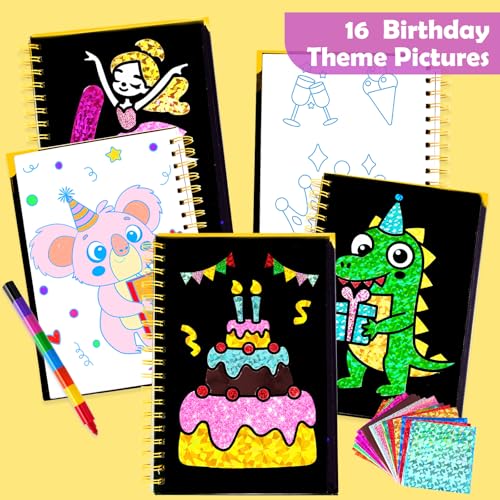 FUNNYB&G Foil Art Craft Kit for Kids 4-10 Years Old: Mess-Free & No-Glue, Create 16 Sparkly Happy Birthday Pictures – Perfect Travel Toy & Birthday Gift for Kids（Happy Birthday） - style: Happy Birthday
