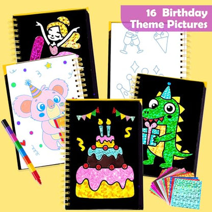 FUNNYB&G Foil Art Craft Kit for Kids 4-10 Years Old: Mess-Free & No-Glue, Create 16 Sparkly Happy Birthday Pictures – Perfect Travel Toy & Birthday Gift for Kids（Happy Birthday） - style: Happy Birthday