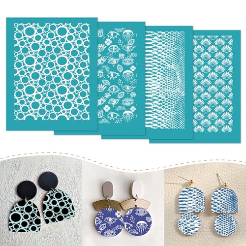 Briartw 4 Pattern Clay Silk Screen Stencil Set for Polymer Clay –Bubbles & Eyes DIY Craft Templates (4.13x3.35 Inch / 10.5x8.5 cm) –for Polymer Jewelry,Earrings,Sculpting & Decorative Art - color: Bubbles & Eyes Stencil Kit
