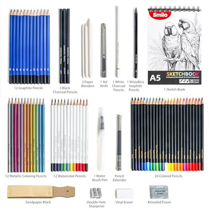 Smilo 76-Piece Professional Drawing Kit - Sketching Set with Graphite, Charcoal, Watercolor & Metallic Pencils, Art Knife, Sandpaper Block, Woodless Pencil in Travel Case for Adults & Beginners - style: 76pcs Art Supplies