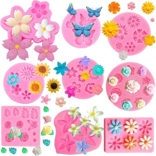 Flower Silicone Mold Chocolate Molds,Rose Flowers Fondant Molds Candy Molds for DIY Cake Decoration Desserts Cupcake Cake Pop Sugar Craft Polymer Clay - color: Pink Flower Molds 9pcs