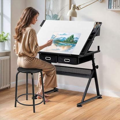 ZENY Adjustable Drafting Table with Stool, Tilting Drawing Desk Artist Table with Storage Drawers, Art Craft Workstation for Home Office Reading, Writing, Crafting (White-with Outlet) - color: White-with Outlet
