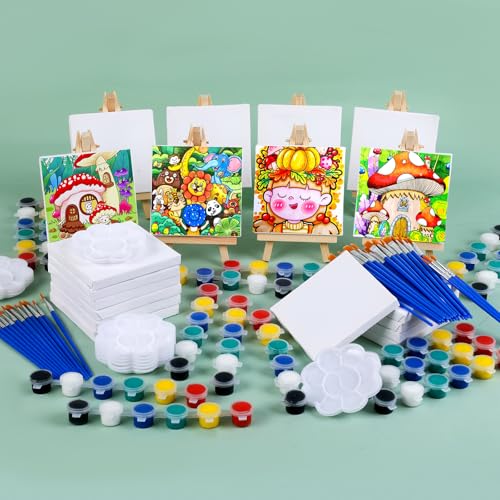 ESRICH 20 Set Mini Canvas Painting Kit, Minis Acrylic Paint Set, Valentines Day Gifts,4*4in Stretched Canvas with Easel, Acrylic Paints,Brushes,Palette,Mini Easel Canvas for Kids Adults Painting Party - size: 20 set 4 x 4 inches