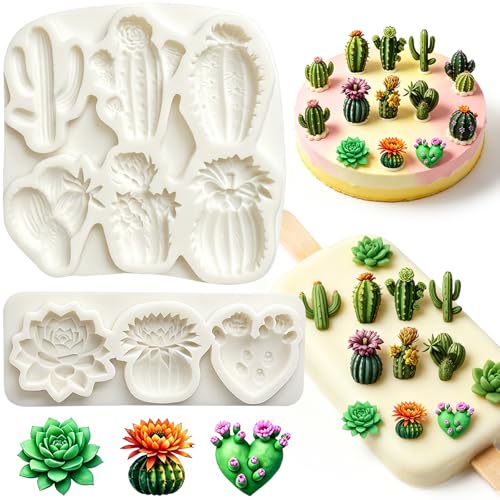 2 Pack Cactus Succulent Silicone Fondant Molds Desert Plant Chocolate Candy Mold for Gum Paste Cake Decorating Cupcake Toppers Resin Crafts Polymer Clay Pastry Flexible Baking Tool - color: Cactus silicone mold