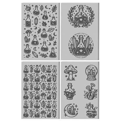 4 Sheets Magic Potions Pattern Clay Texture Mat Mystical Crystals Polymer Clay Texture Sheets DIY Tools for Pottery Earring Jewelry Making Stamp Engraving Machines, 3.9x2.6inch - style: Magic Potions Pattern