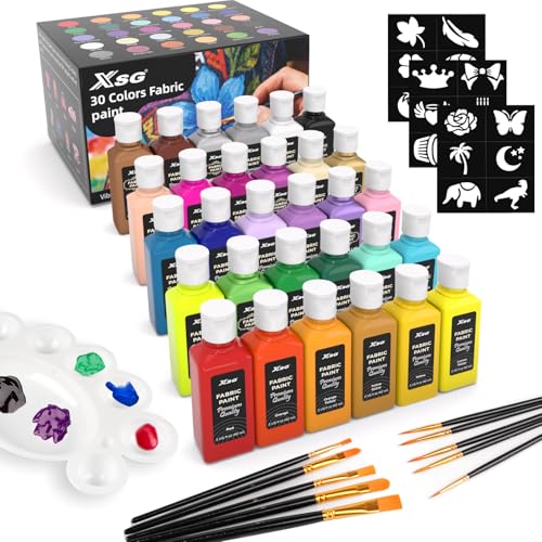 30 Colors Fabric Paint For Clothes Permanent, Soft Fabric Paint in Bottles with 10 Brushes ，Stencils& Palette,Non-Toxic Textile Paint for Shoes，Jeans ，Bags& DlY Projects(60ml/2oz) - color: 30 Colors