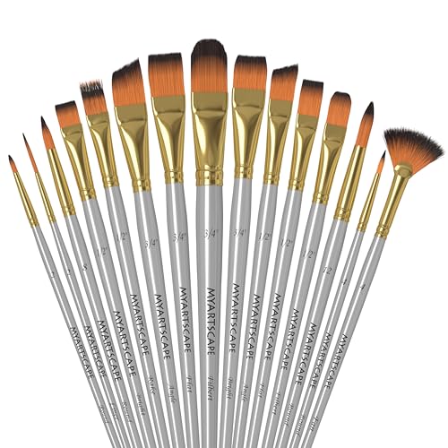 MyArtscape Paint Brush Set - 15 Short Handle Art Brushes for Gouache, Watercolor, Acrylic and Oil Painting - Premium Taklon Brushes - Fan, Filbert, Flat, Round, Shader, Angle and Bright