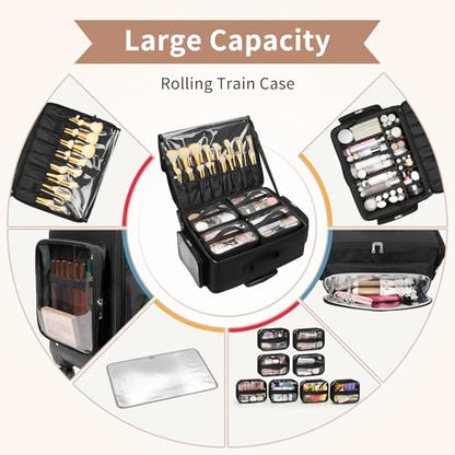 Bagmoly Rolling Makeup Case with 8 Removable Makeup Bags, Makeup Train Case on Wheels Cosmetology Case, Professional Makeup Artist Set Bags Trolley Suitcase Makeup Cart with Adjustable Dividers - color: 03-Black with 8 clear makeup bags