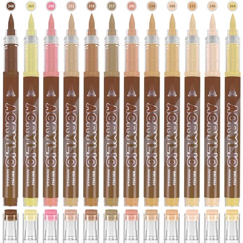 12 Colors Acrylic Paint Pens - Brown Paint Pens Markers, Brush Tip & Direct Ink Flow Suitable for Stone,Paper,Wood,Glass,Fabric Paint,DIY Crafts (Brown) - color: Brown