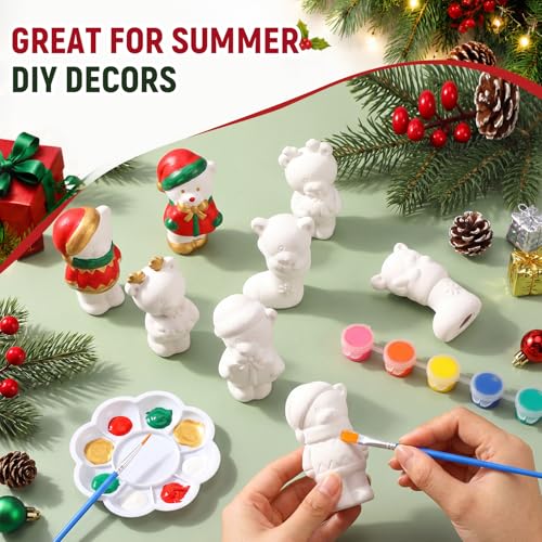Soulchen 17 Pcs Paint Your Own Christmas Bear Ceramic Paint Craft Set Include 12 Unpainted Ceramic Bears 2 Strips of Paints with 2 Brushes 1 Palette Toys Gift for Birthday Christmas - style: Christmas Bear