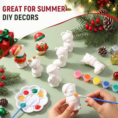 Soulchen 17 Pcs Paint Your Own Christmas Bear Ceramic Paint Craft Set Include 12 Unpainted Ceramic Bears 2 Strips of Paints with 2 Brushes 1 Palette Toys Gift for Birthday Christmas - style: Christmas Bear