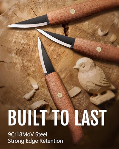 ravs Whittling Knife with Leather Sheath, Wood Carving Knife with High Carbon Steel Blade, Titanium Coating Sloyd Knife with Ergonomic Handle, Wood Carving Tools for Beginners & Professionals