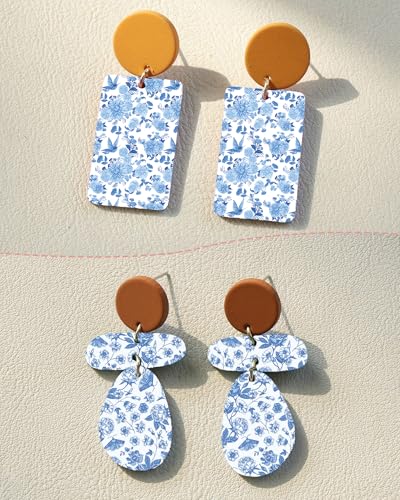 Puocaon Blue Flower Transfer Paper - Elegant Floral Transfer Sheets for Polymer Clay Jewelry, 20 Sheets Polymer Clay Earrings Transfer Paper Chinoiserie Blue Flower - color: blue flower