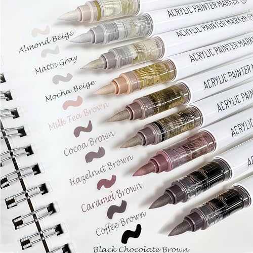 Brush Tip Acrylic Markers, 9 Colors Water Based Acrylic Paint Pens for Rock Painting, Journaling, Wood, Glass, Adult Coloring Books, Art & Journaling Supplies (Maillard series) - style: Maillard series