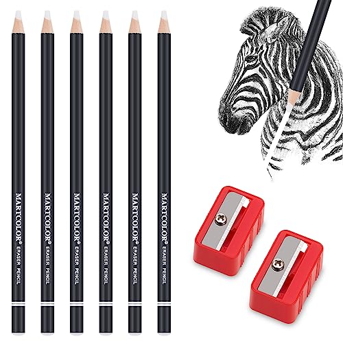MARTCOLOR 6pc Eraser Pencils and 2pc Sharpener, Fine Detail Eraser for Sketching, Charcoal Drawings & Colored Pencils