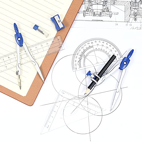 Unjoo Math Geometry Kit Sets 10 Piece Student Supplies with Shatterproof Storage Box,Includes Rulers,Protractor,Compass,Eraser,Pencil Sharpener,Lead Refills,Pencil,for Drafting and Drawings（Navy blue） - color: Navy Blue