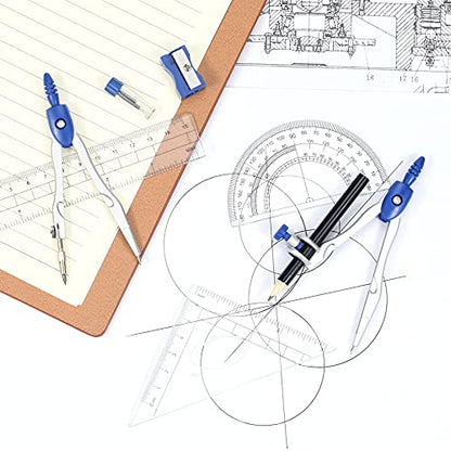 Unjoo Math Geometry Kit Sets 10 Piece Student Supplies with Shatterproof Storage Box,Includes Rulers,Protractor,Compass,Eraser,Pencil Sharpener,Lead Refills,Pencil,for Drafting and Drawings（Navy blue） - color: Navy Blue