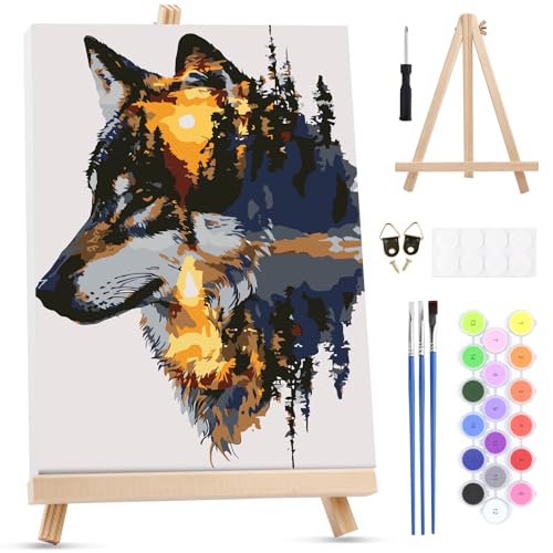MXJSUA Forest Wolf Framed Paint by Numbers for Adults Beginners, Easy Adults' Paint-by-Number Kits on Canvas with Easel, Acrylic Number Painting Crafts Gifts for Home Decor, 8x12 inch - color: Forest Wolf