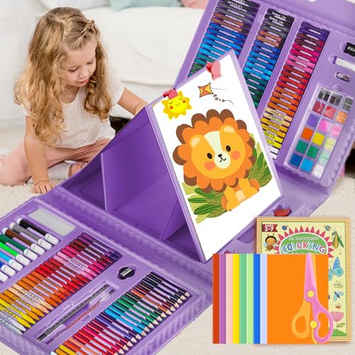 208 PCS Art Supplies,Drawing Art Kit Painting Art Set for Kids Girls Boys Artist, Gift Box with Trifold Easel, Includes Pastels, Crayons, Colored Pencils, Coloring Book, Scissors, Origami Paper 40 Sh. - color: Purple