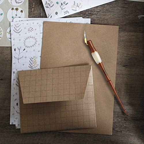 Yoption Wood Calligraphy Oblique Dip Pen Holder Set, Removable Nib Pen Handle Stand with 5 Flat Nibs Kit - color: Dip Pen+5pcs Nibs