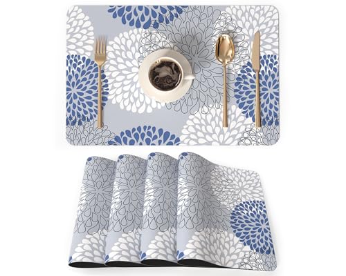 QiyI Placemats Set of 4, 12x18 Inch Faux Leather Place Mats for Kitchen Dinning, Heat Resistant Anti Slip Flower Table Mats, Waterproof Wipeable Washable Placemat Party Table Décor, Blue Floral Burst - color: Blue Floral Burst, size: Set of 4