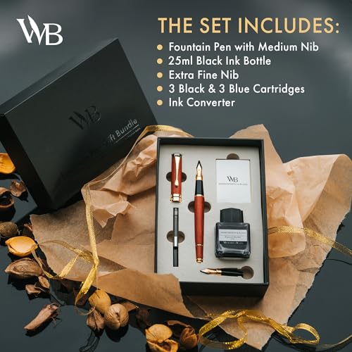 Wordsworth & Black Fountain Pen Set, Luxury Bamboo Wood - Medium Nib, Extra Fine Nib, Gift Case; 25ML Black Ink Bottle, 6 Ink Cartridges, Refill Converter - Calligraphy, Writing [Brown Wood] - color: Brown Wood