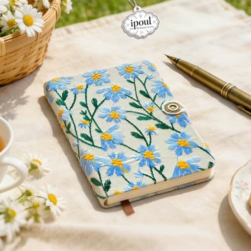 Pocket Notebook, Small Sketchbook, A6 Journal, 4x6 Notebook, Daisy Gifts for Women, Floral Notebook, Embroidery Journal, Blank Notebook, Hardcover, Diary for Girls, Blue Daisy - color: A6-button-blue, style: Plain