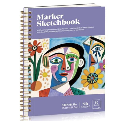 Prudiut Marker Paper Sketchbook 5.8x8.3 in, 120Gsm Acid Free Spiral Binding 1 Pack, Anti Bleed Double Sided Drawing Pad for Beginners Artists Gift, Multi Media Art Supplies Portfolio Book - size: 5.8×8.3 Inch (1 Pack)
