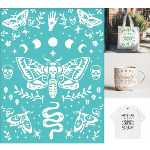2 Sheets Butterfly Skull Silkscreen Stencil, Insects Moon Moth Snake Painting Stencils Templates Reusable Self-Adhesive Silk Screen Printing for Wall Border Wood Fabric Home Halloween Decor - style: Moth