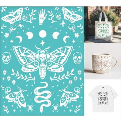 2 Sheets Butterfly Skull Silkscreen Stencil, Insects Moon Moth Snake Painting Stencils Templates Reusable Self-Adhesive Silk Screen Printing for Wall Border Wood Fabric Home Halloween Decor - style: Moth