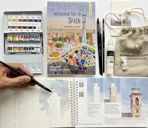 Insparea Watercolor Set “Watercolour Trip to Spain”, Painting Kit for Adults, Coloring Tutorial Workbook, Art Gift Beginner & Professional Artists, Sketchbook with 17 Different Lessons