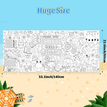 Jumbo End of School Year Coloring Activity Poster - Summer Fun Games DIY Drawing Color-in Paper 55.1 x 23.6 Inch Blank Doodle Art Banner, Home School Educational Event Party Supplies - style: End of School Year (including mini-games)