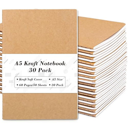 feela 30 Pack Kraft Notebooks, A5 60 Lined Pages Notebooks and Journals for Women Girls Students Making Plans Writing Memos Office School Supplies, 8.3 X 5.5 in - style: Lined-30 Pack