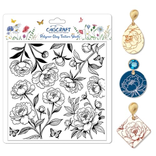 CHGCRAFT Realistic Flowers Pattern Polymer Clay Texture Sheet Plant Leaves and Peonies Silicone Clay Texture Mat for Polymer Clay Making Earrings Jewelry DIY Crafts 5.5 × 5.5 Inch